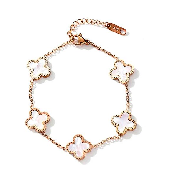 Gold Four Leaf Clover Bracelet Mother of Pearl Luxury - Picture 3 of 9